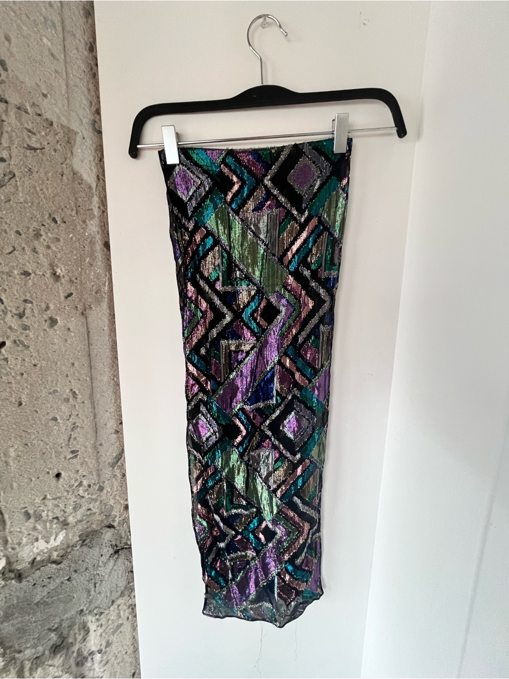 Sequin Geometric Scarf - Black with Purple & Green Accents